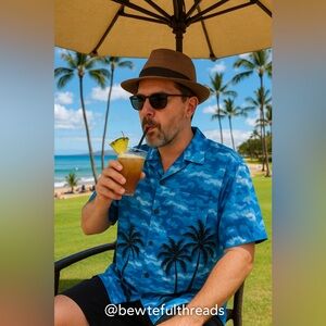 Reyn Spooner RS Technologies Hawaiian Shirt Palm Tree Aloha Blue